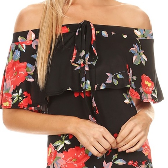 Red Floral off Shoulder Dress - Picture 5 of 6